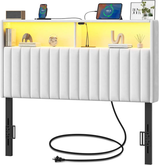Bed Headboard With Storage And USB-C Ports Velvet Upholstery