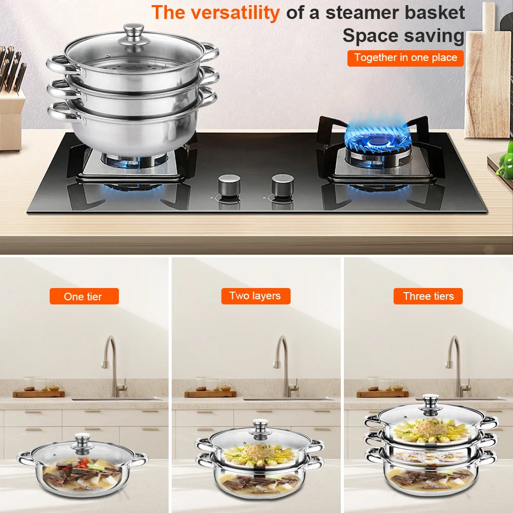 Three-Tier Stainless Steel Food Steamer Pot For Cooking Vegetables