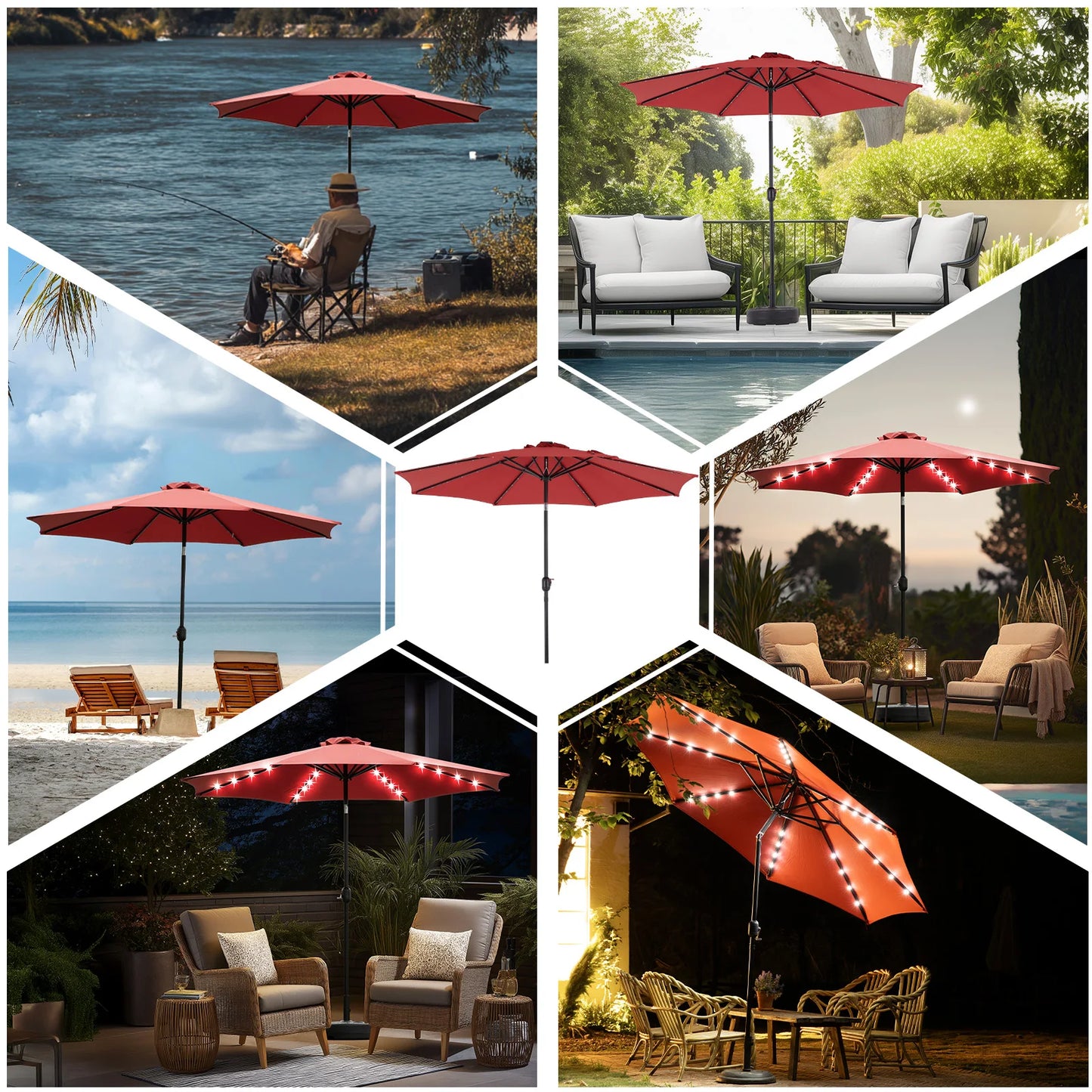 JHK Solar Patio Umbrella With 32 LED Lights Tilt And Crank