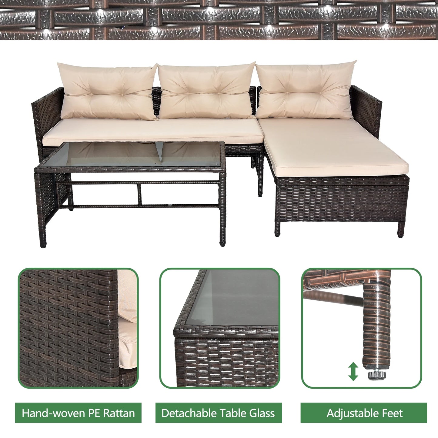 3 Piece Outdoor PE Rattan Furniture Set For Patio Cushions