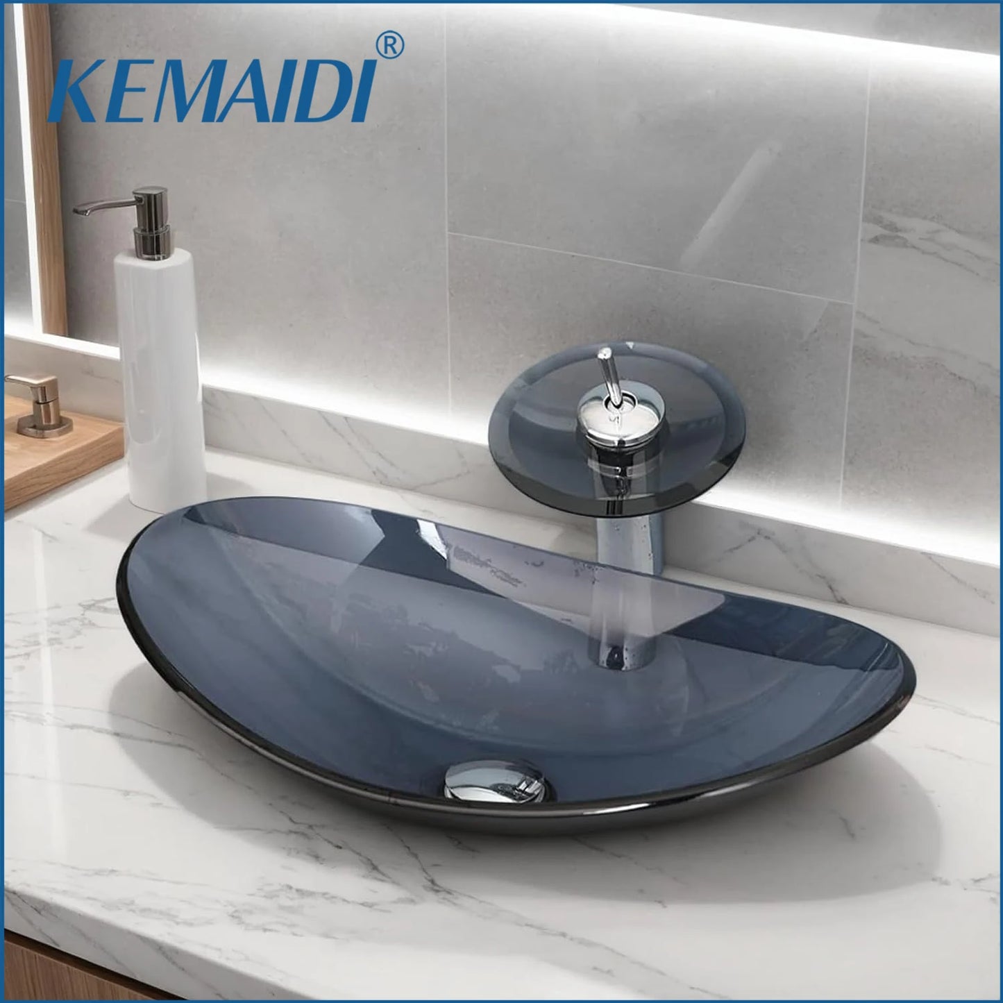 MEKKHALA Oval Tempered Glass Vessel Sink With Waterfall Faucet