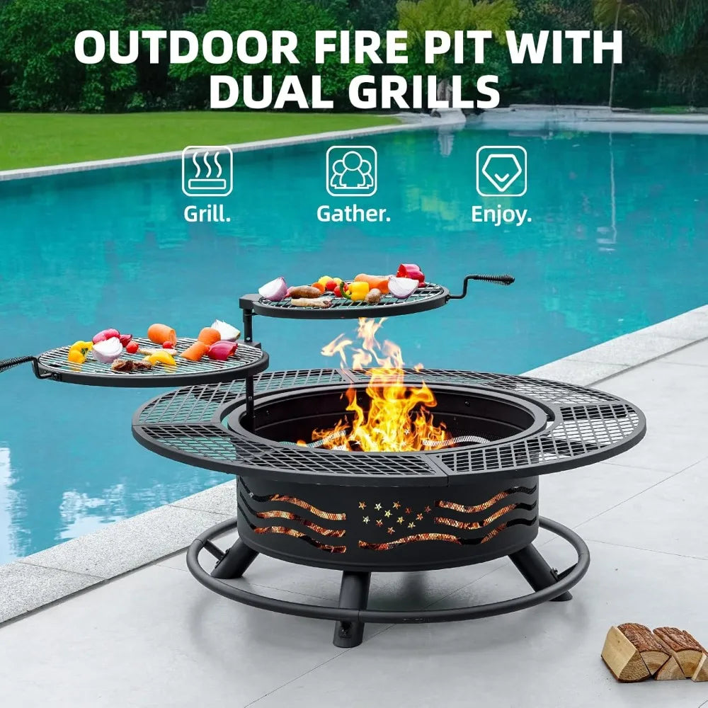 Outdoor Fire Pit With Cooking Grates And Cover Lid