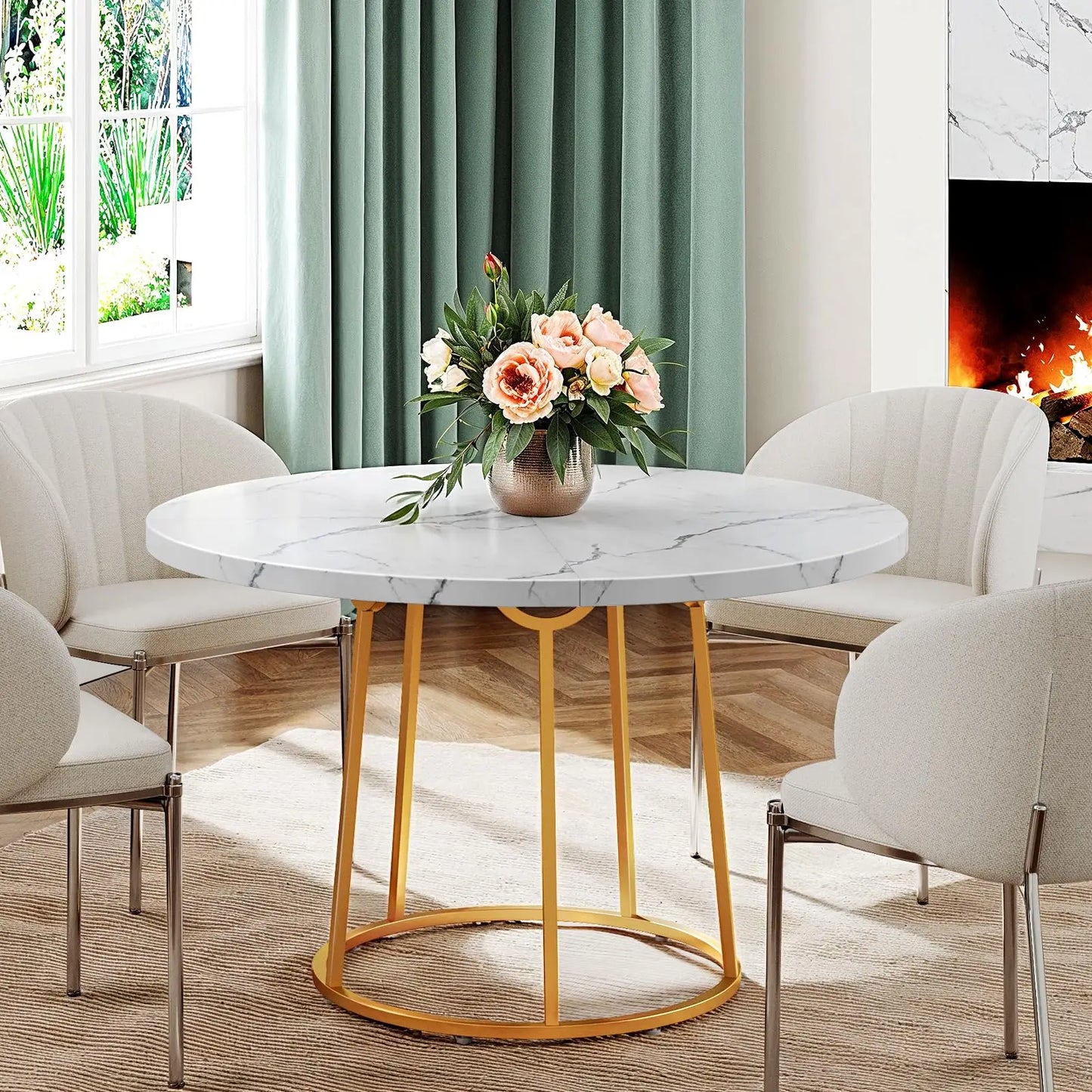 ONBRILL Round Dining Table for Four with Marble Pattern Base