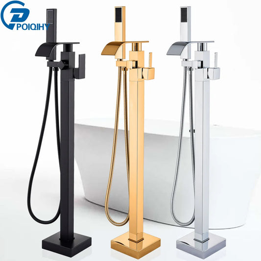 Poqihy Chrome Floor Mounted Bathtub Shower Faucet Waterfall Spout
