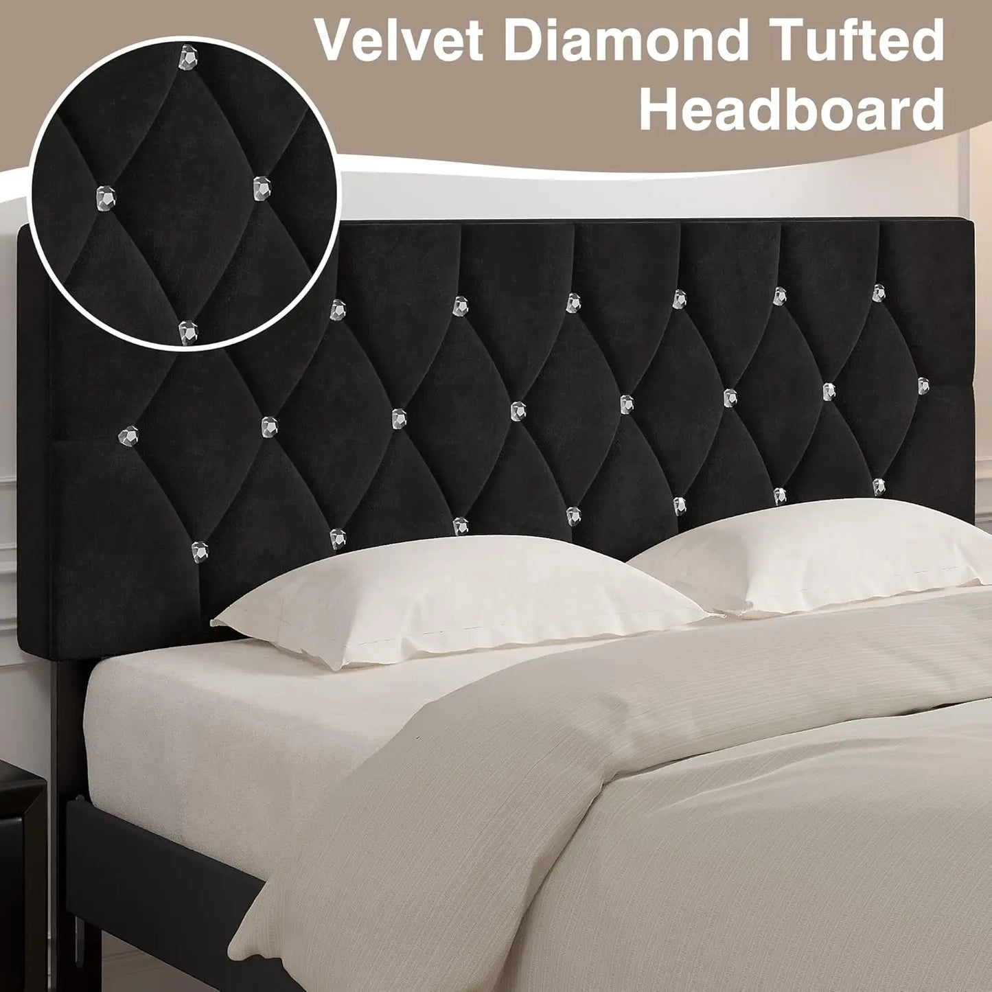 Tufted Upholstered Headboard With Adjustable Height And Diamond Button Design