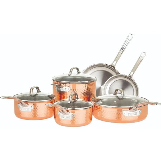 3-Ply Hammered Copper Cookware Set With Glass Lids