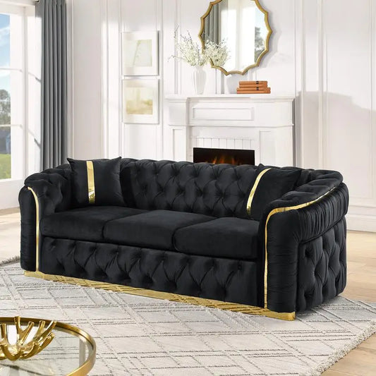Velvet Button Tufted Chesterfield Sofa With Stainless Steel Accents
