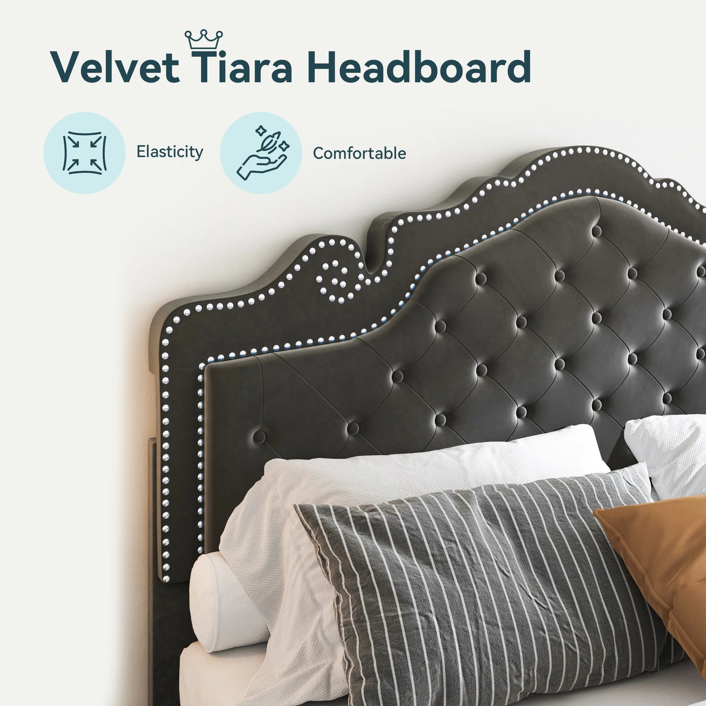 HOOMIC Velvet Bed Frame With Adjustable Tiara Headboard