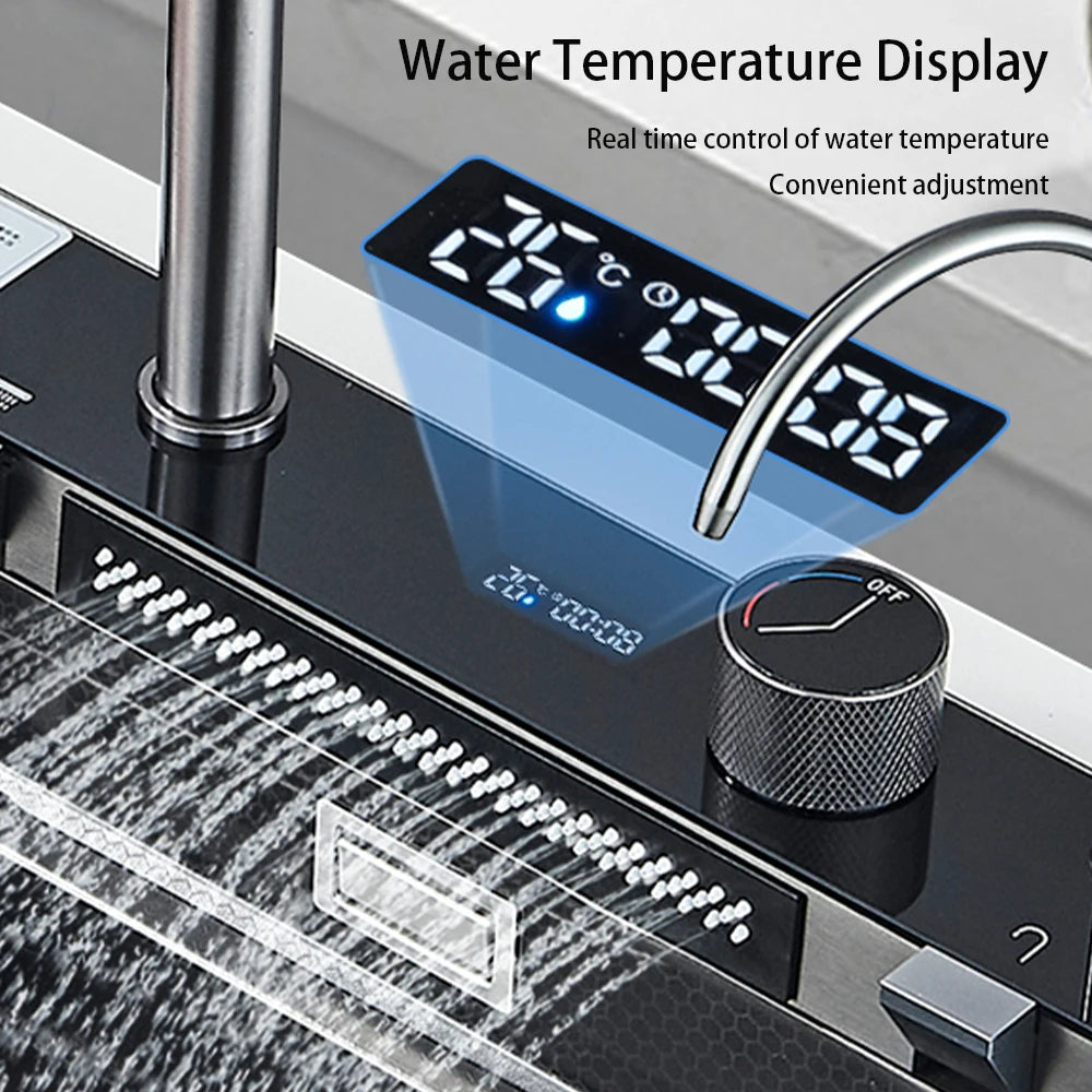 Multifunctional Kitchen Waterfall Sink With Digital Display 304 Stainless Steel