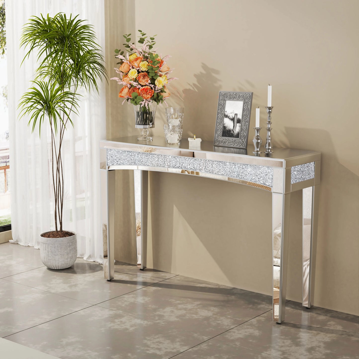 Wisfor Mirrored Desk Console Table With Crystal Inlay Living Room
