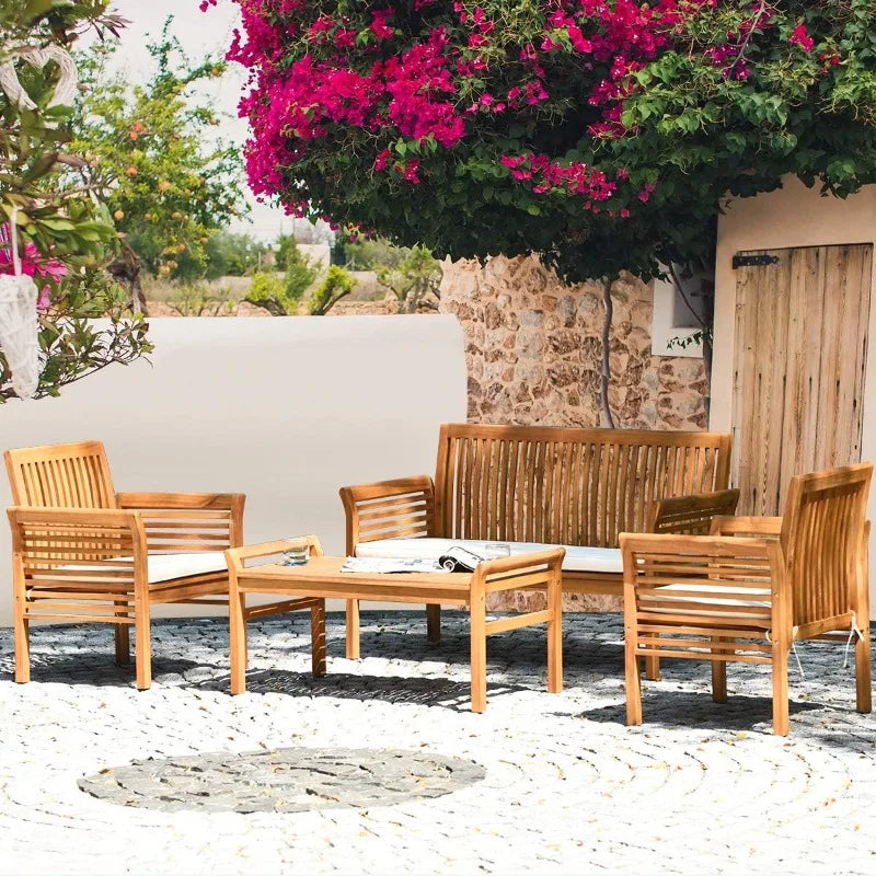 Outdoor Acacia Wood Sofa Set With Water Resistant Cushions