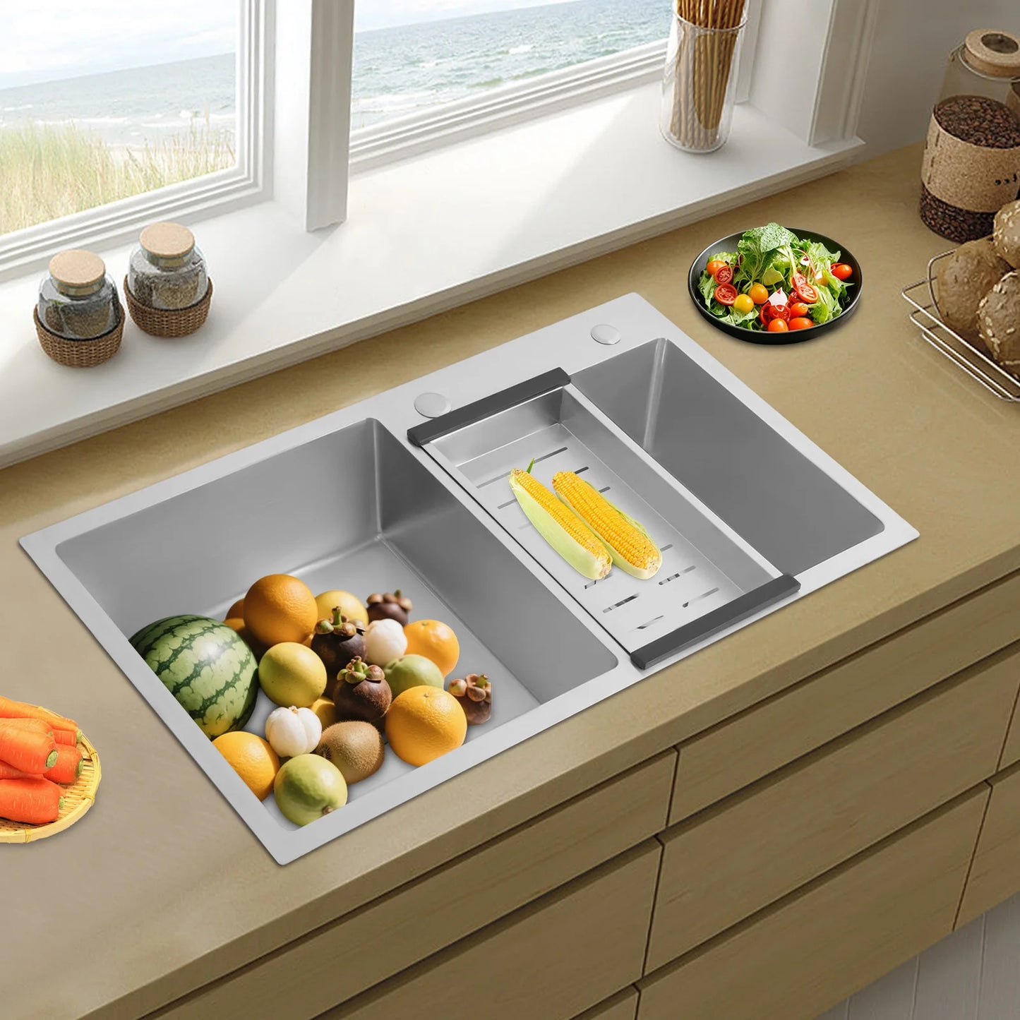 Stainless Steel Double Bowl Kitchen Sink With Drain Basket