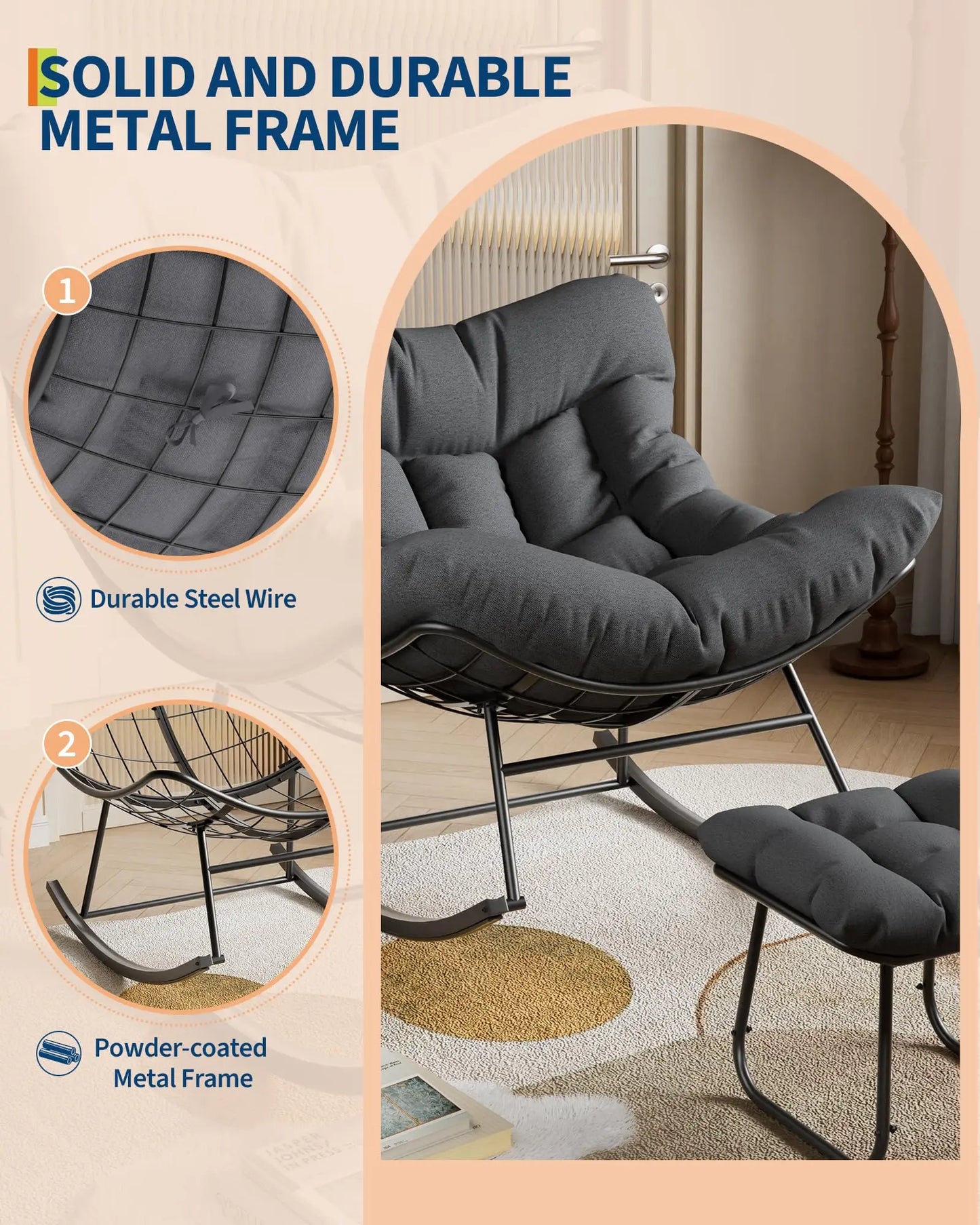 HiMISS Papasan Rocking Chair With Ottoman Outdoor Egg Rocker