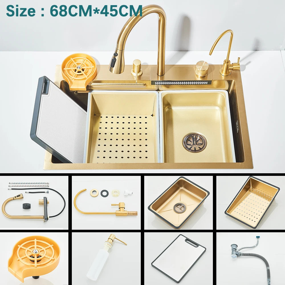 Multifunctional Kitchen Waterfall Sink With Digital Display 304 Stainless Steel