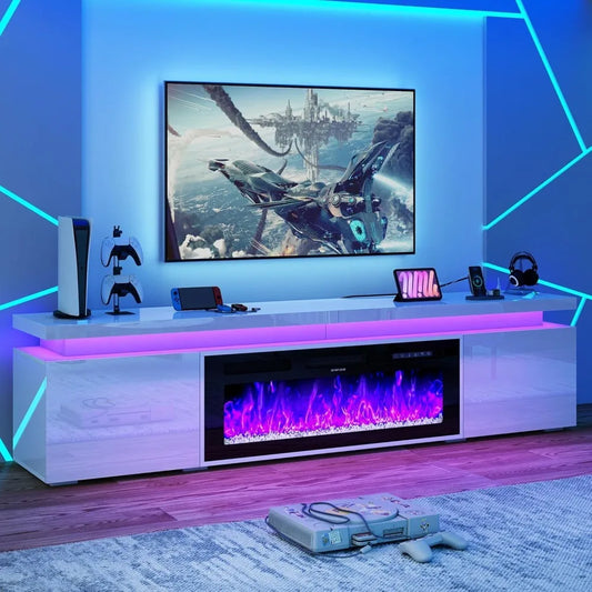 Electric Fireplace TV Stand With LED Lighting Storage Power Outlet