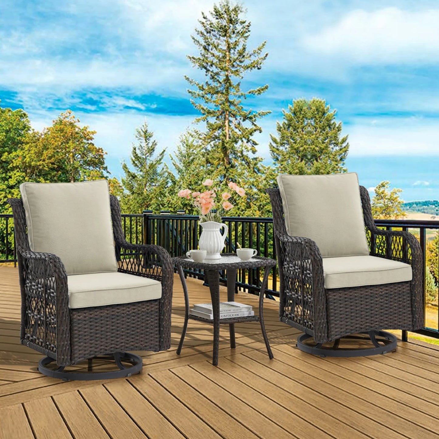 HiMISS 3-Piece Outdoor Bistro Set With Glass Top Side Table And Cushions