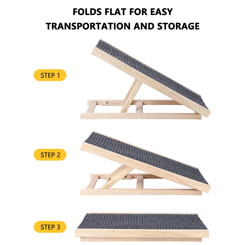 Pet Dog Ramp Ladder Natural Pine Wooden Lightweight Folding Anti-skid Adjustable 2 Height Climbing Ladder
