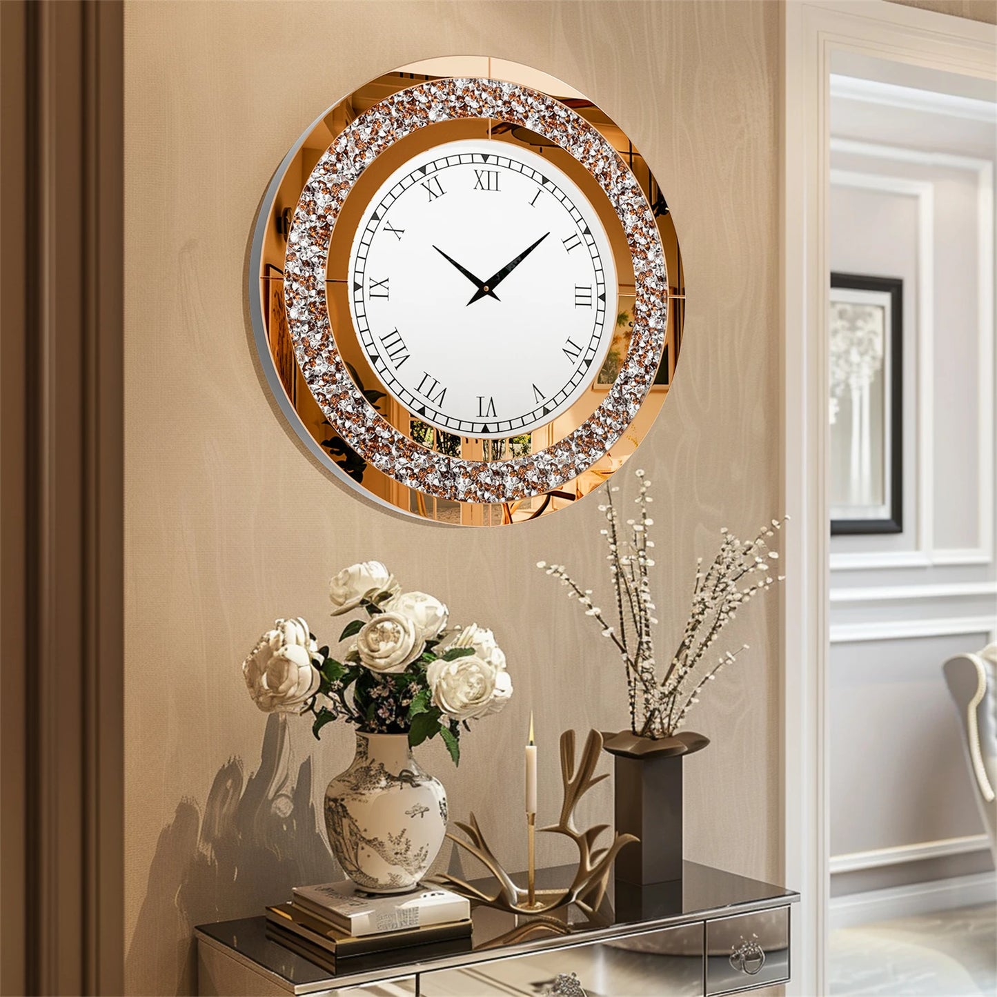 Bling Round Mirror Wall Clock Glam Sparkle Decor For Home