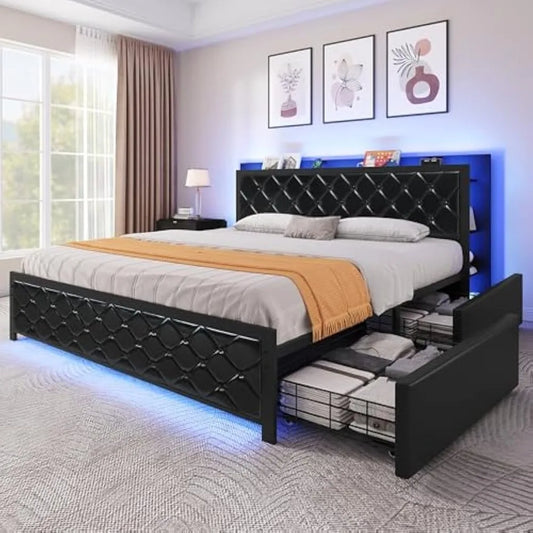 Queen Bed Frame With RGB LED Headboard And Four Drawers