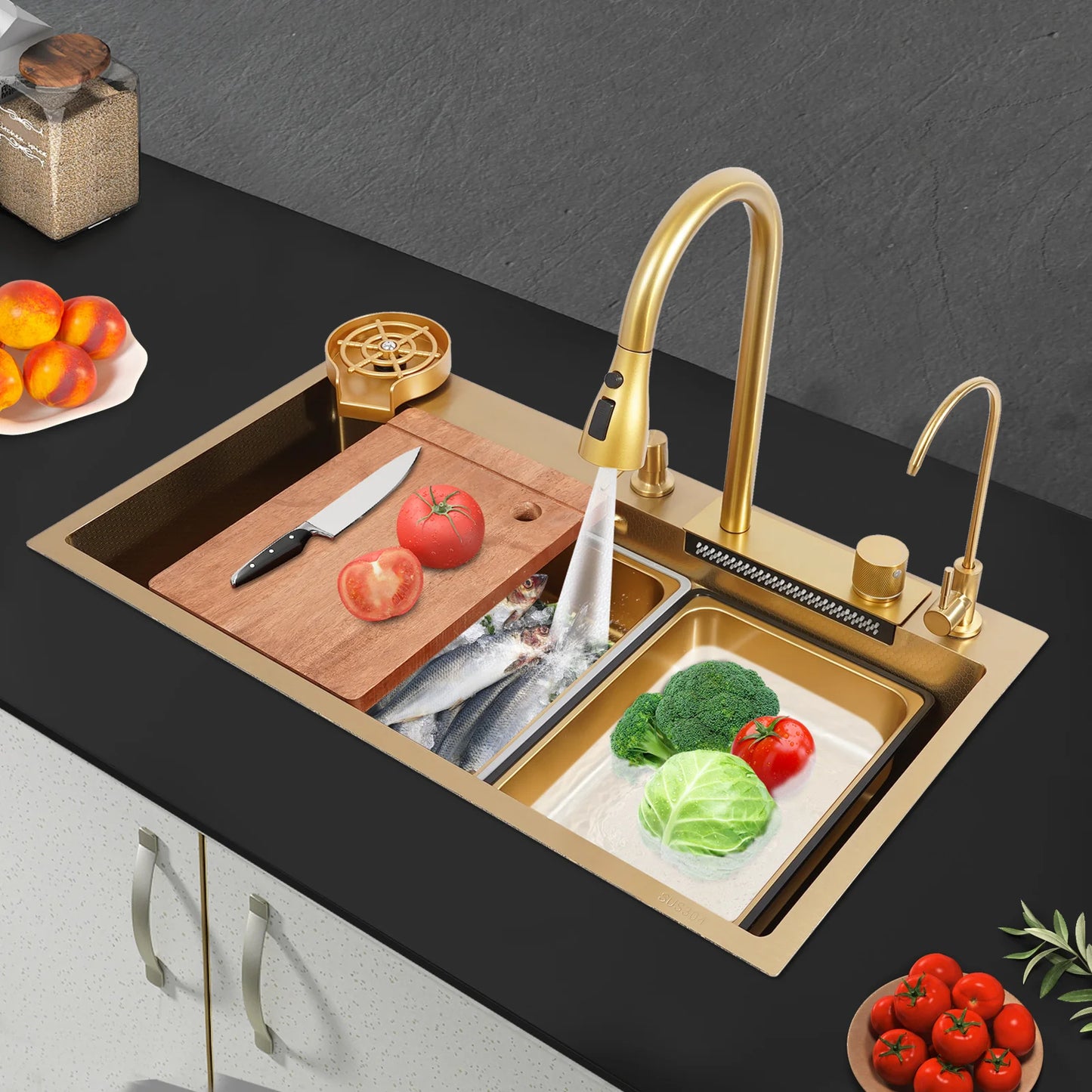 Bymaocar Drop In Waterfall Kitchen Sink Stainless Steel Glass Rinser