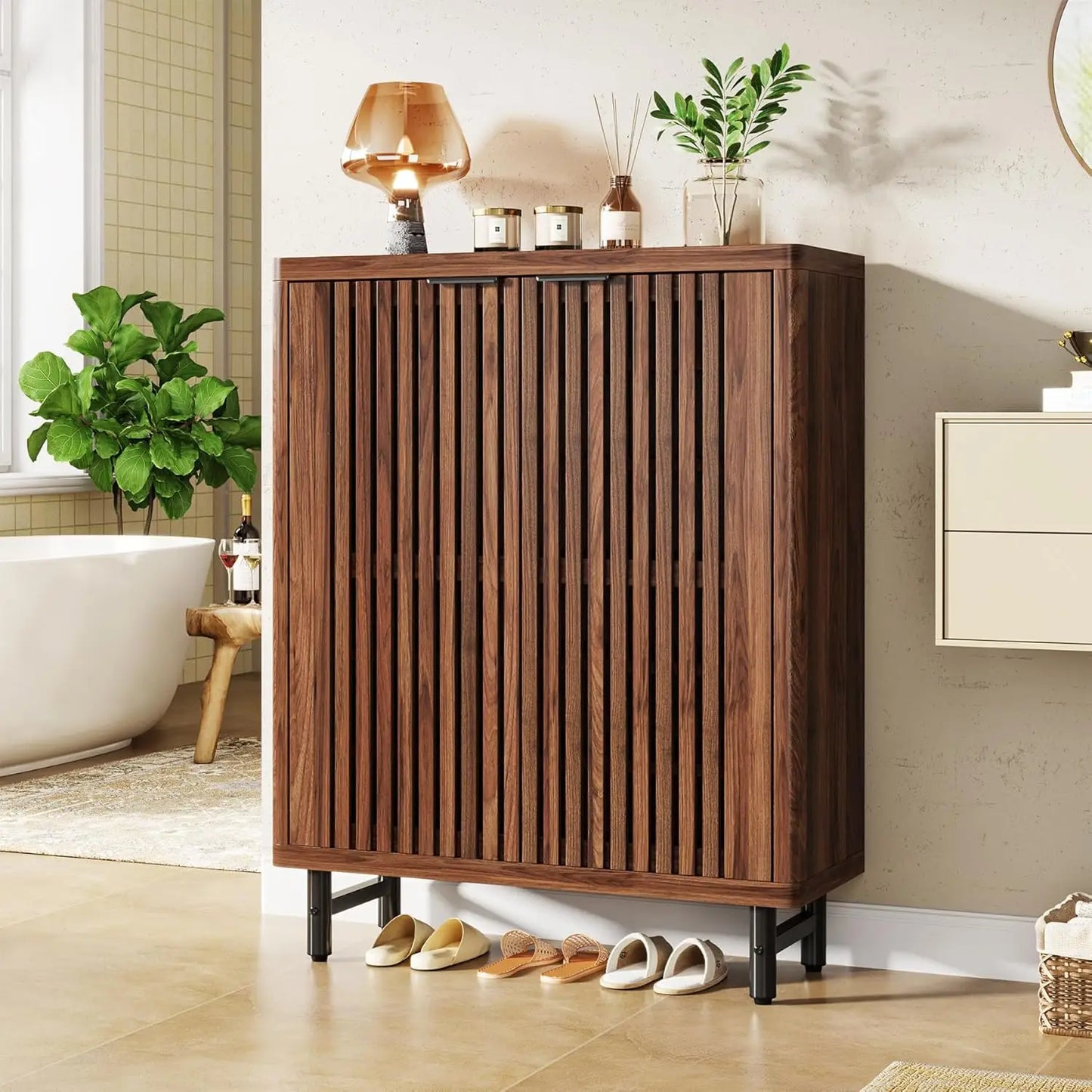 Six-Tier Wooden Bathroom Floor Cabinet With Louver Doors