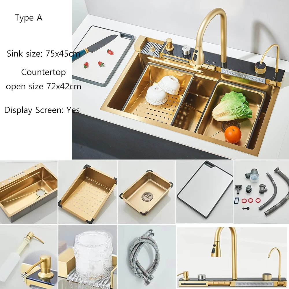MYQualife 304 Stainless Steel Waterfall Kitchen Sink Faucet Set