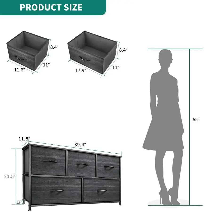Five-Drawer Fabric Dresser With Wooden Top And Steel Frame