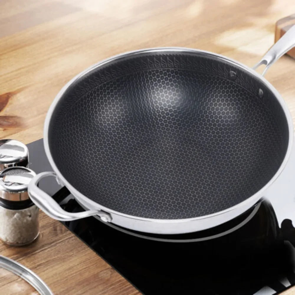 Stainless Steel Wok Pan With Glass Lid Non-Stick Coating