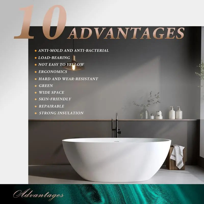 59" Solid Surface Matte Soaking Tub, Stone Resin Freestanding Bathtub, Thick Edge Standalone Tub with Overflow & Pop-up Drain,