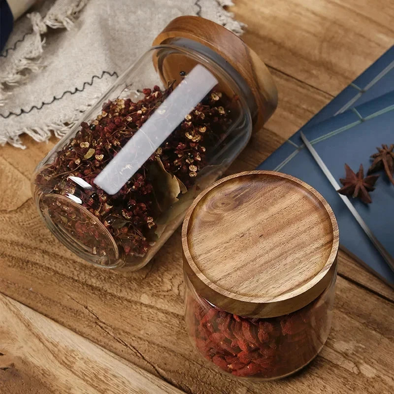 Glass Airtight Canister Set With Wood Lids For Kitchen