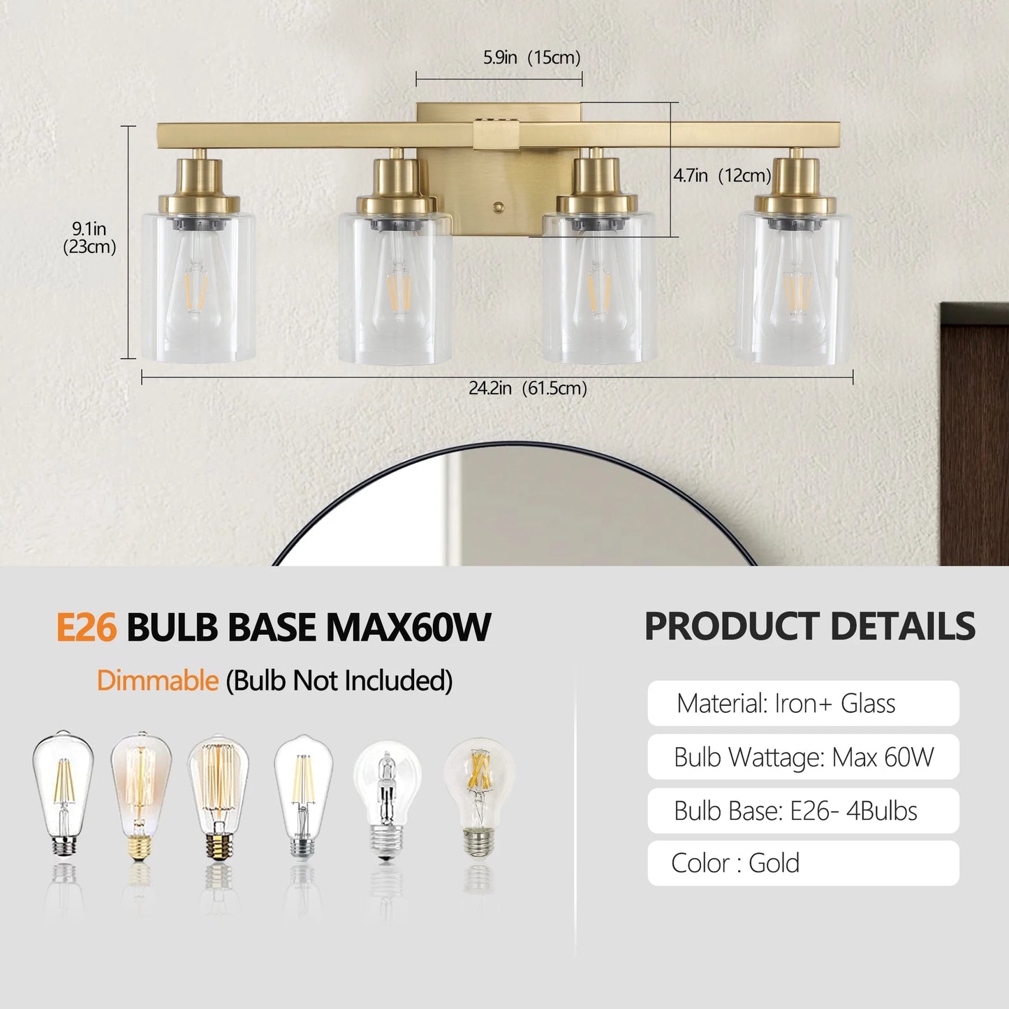 ARLGSITE 4-Light Vanity Light With Clear Glass Shades Wall Mount