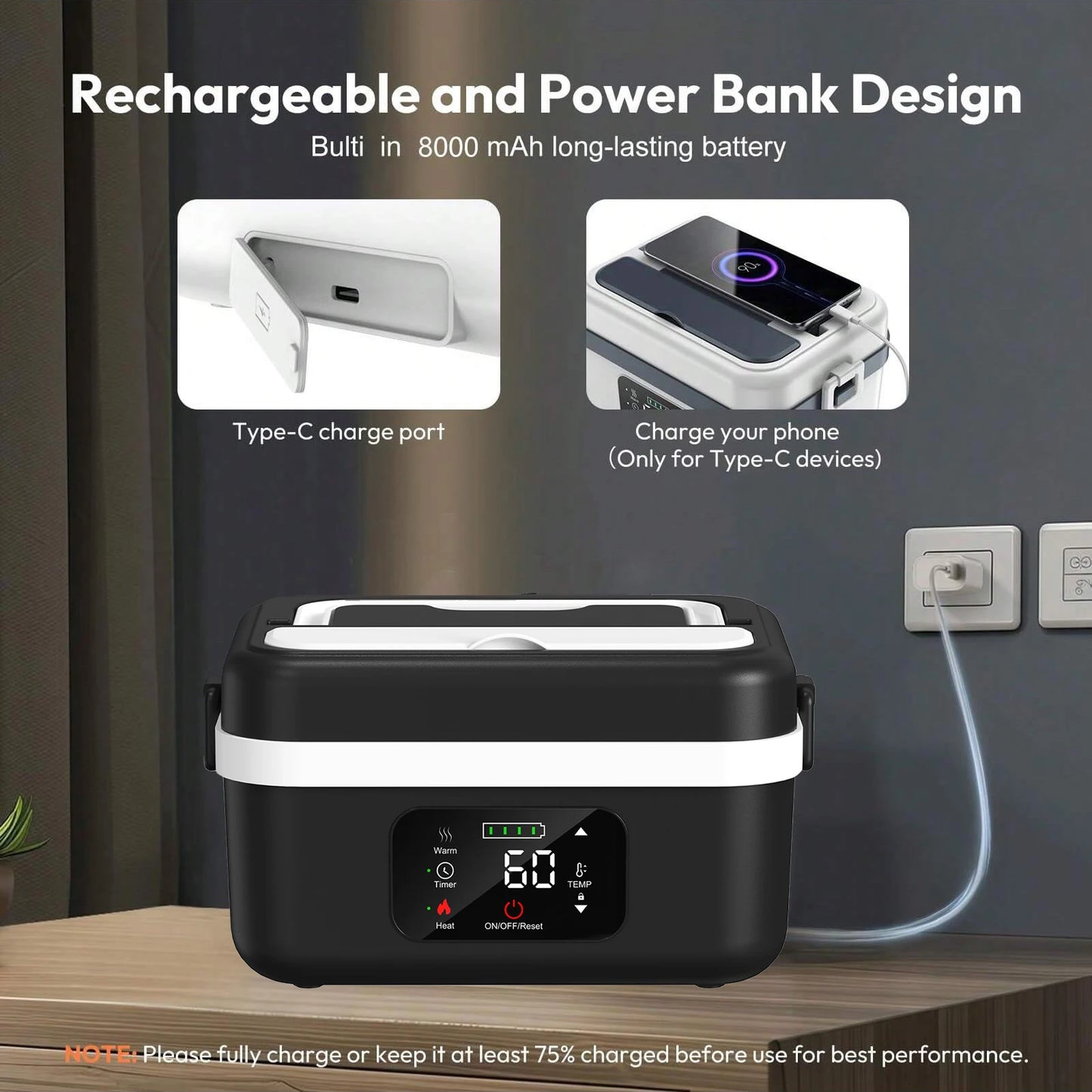 Wireless Heated Lunch Box With 8000mAh Battery And 60W
