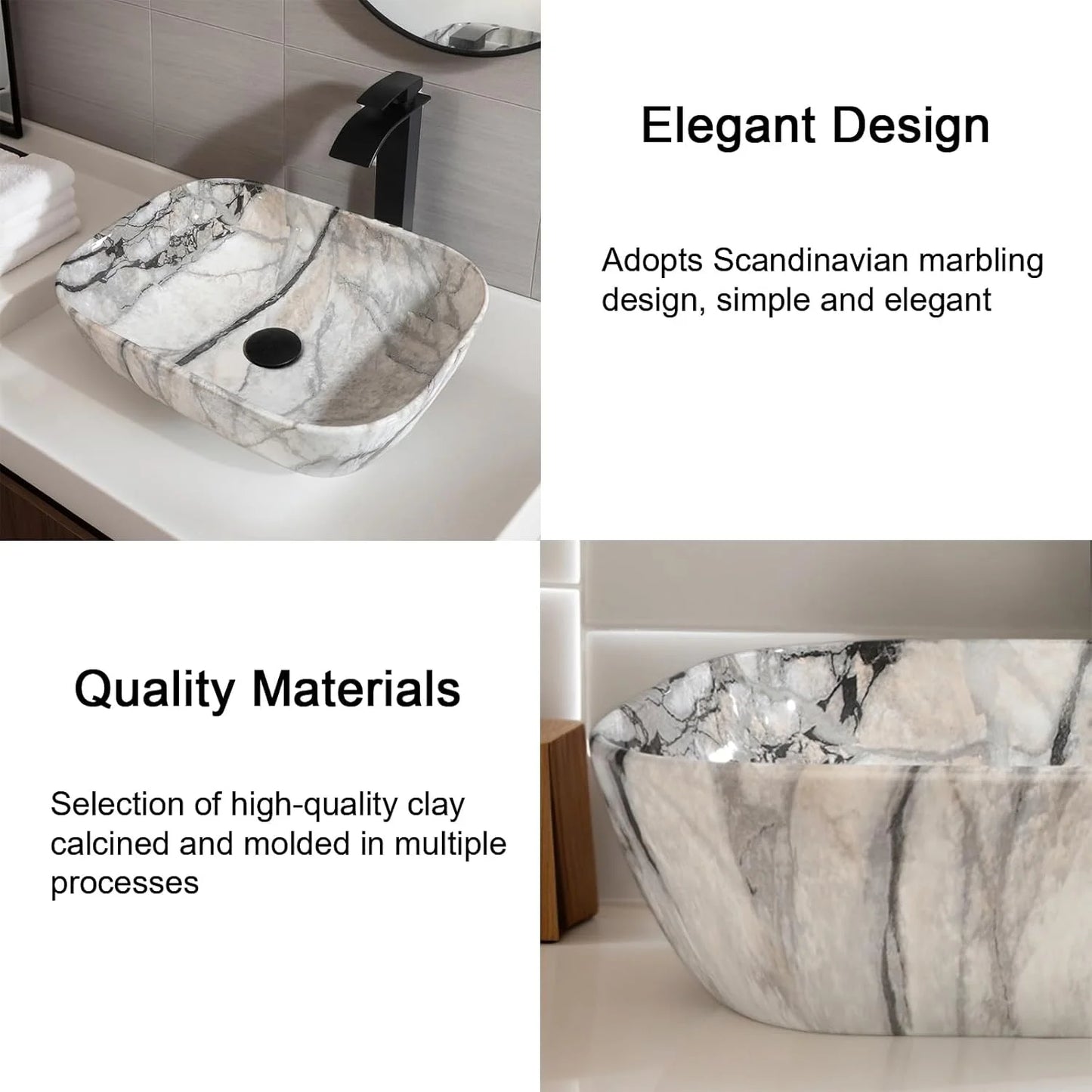 Torayvino Ceramic Vessel Sink Set With Marble Pattern Faucet