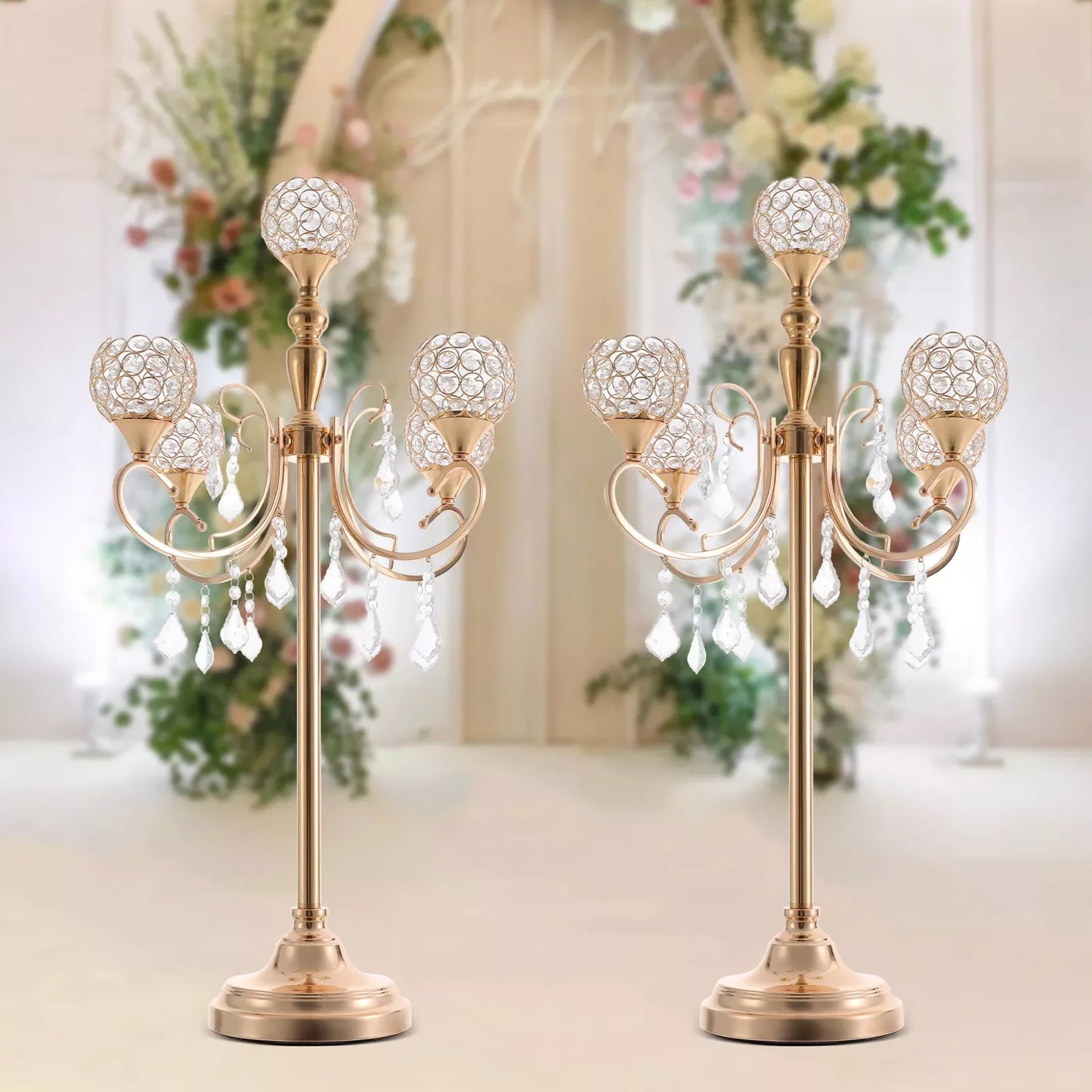 Bymaocar 2-Pack 5-Arm Crystal Candelabra Candle Holders