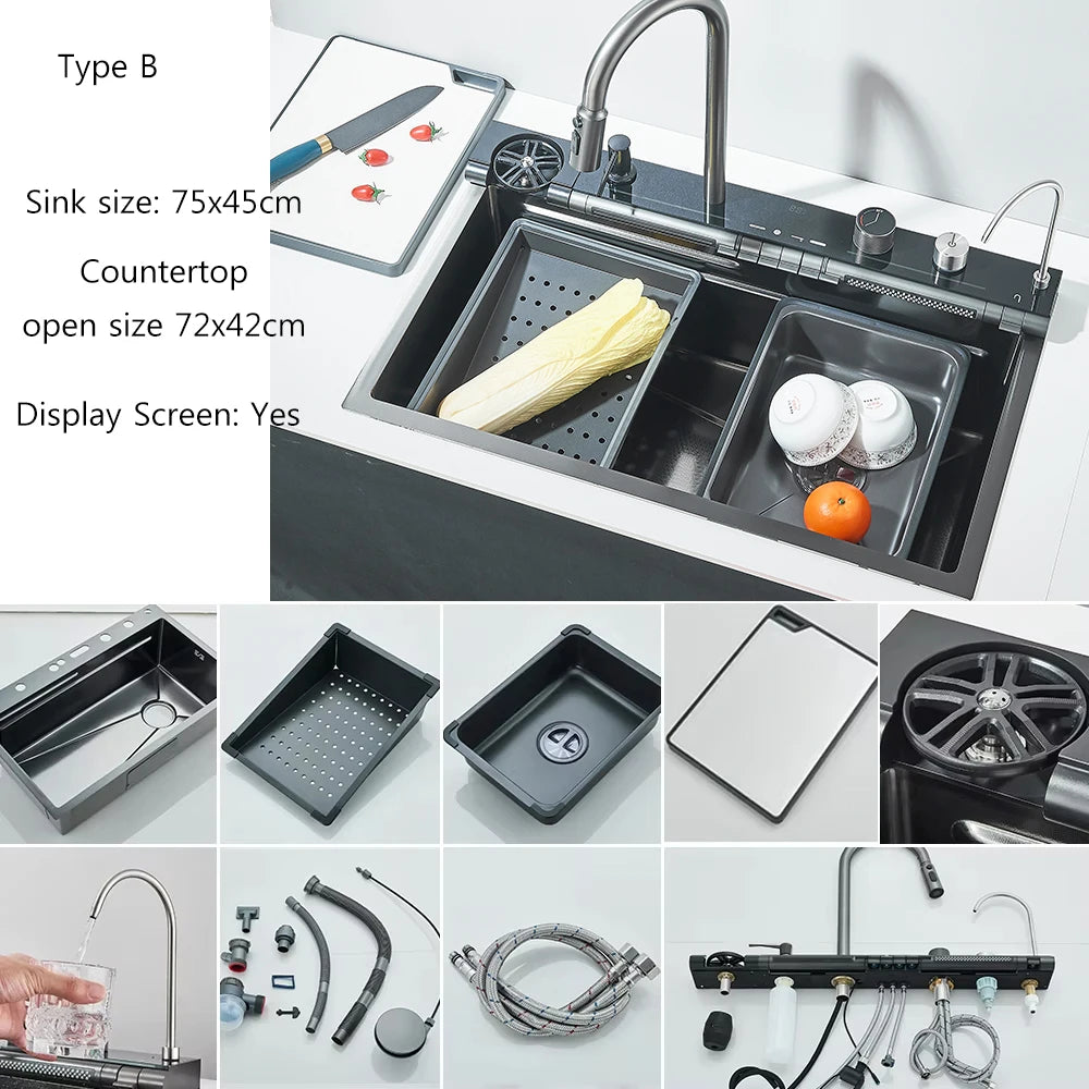 MYQualife 304 Stainless Steel Waterfall Kitchen Sink Faucet Set