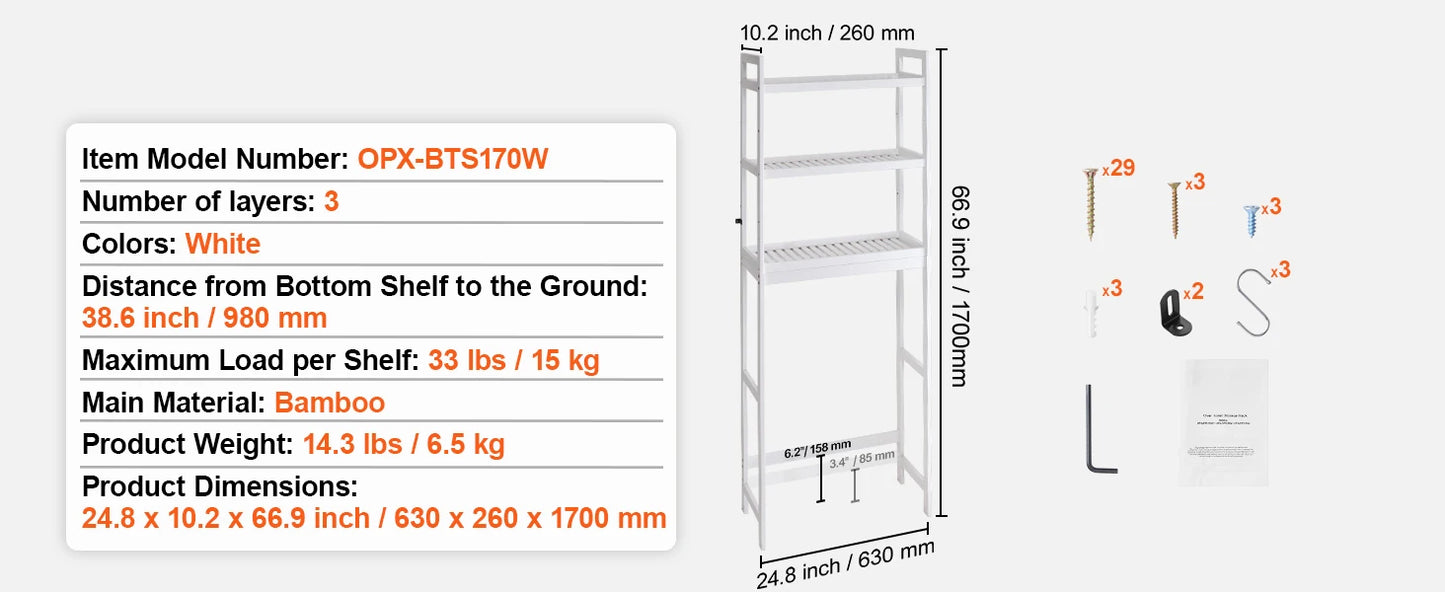 SucceBuy Over The Toilet Organizer Bamboo Shelf With 3 Hooks