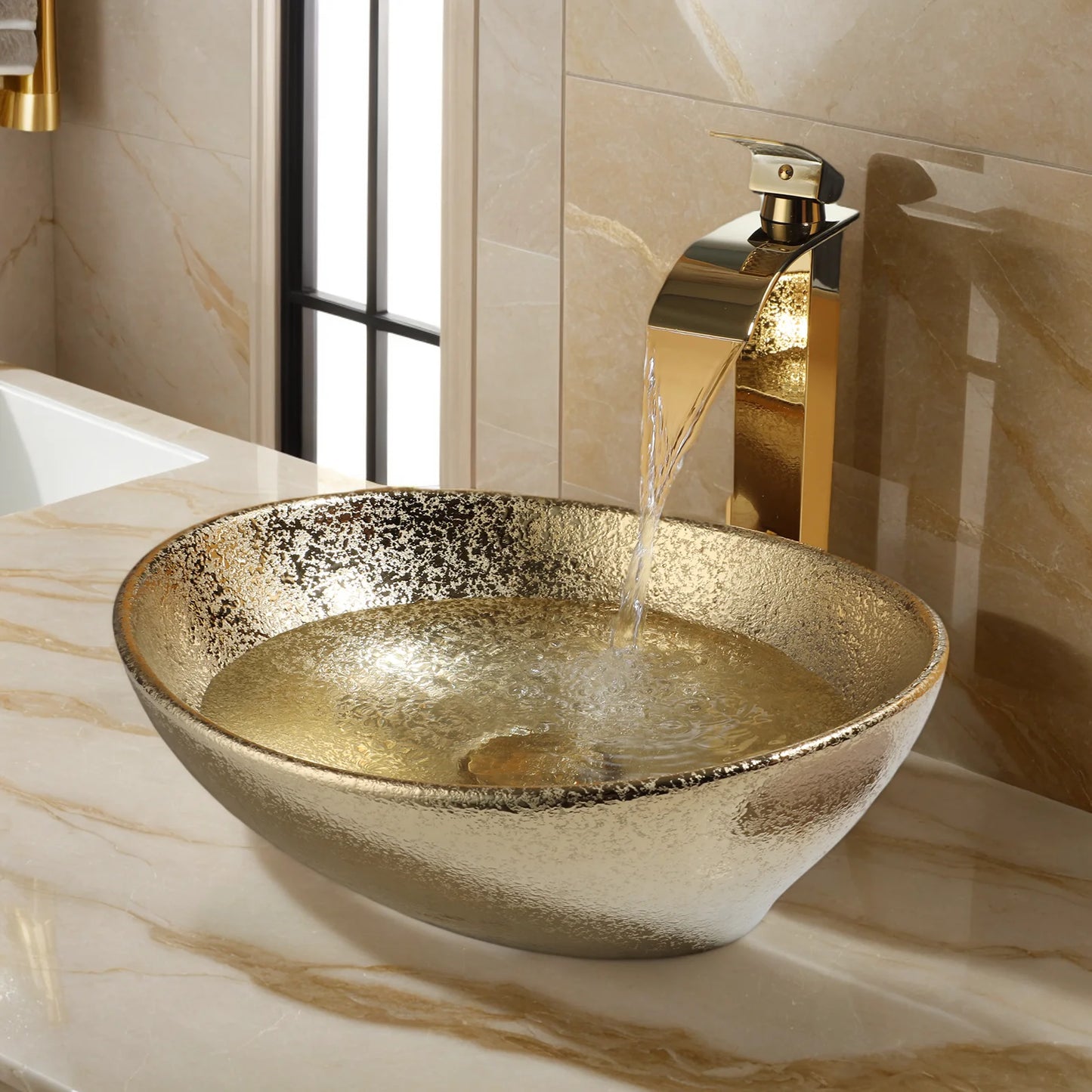 KEMAIDI Oval Vessel Sink With Faucet Marble Finish