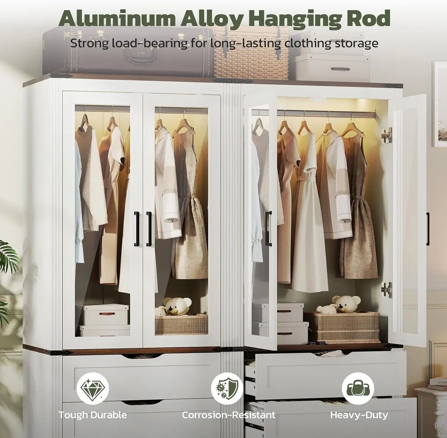 Farmhouse Armoire Wardrobe With LED Light Bedroom Storage Cabinet