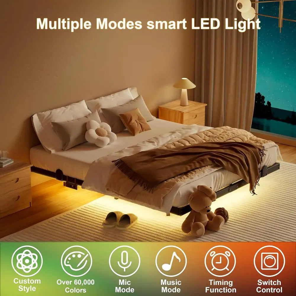 Modern LED Bed Frame With Floating Design And Charging Station