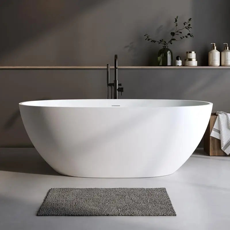 70.8" Matte White Solid Surface Soaking Tub, Stone Resin Freestanding Bathtub with Overflow, Pop-up Drain, Oval Design, Thick