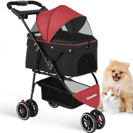 Chihuahua Pet Stroller 3 Wheel Foldable Carrier With Mesh Canopy