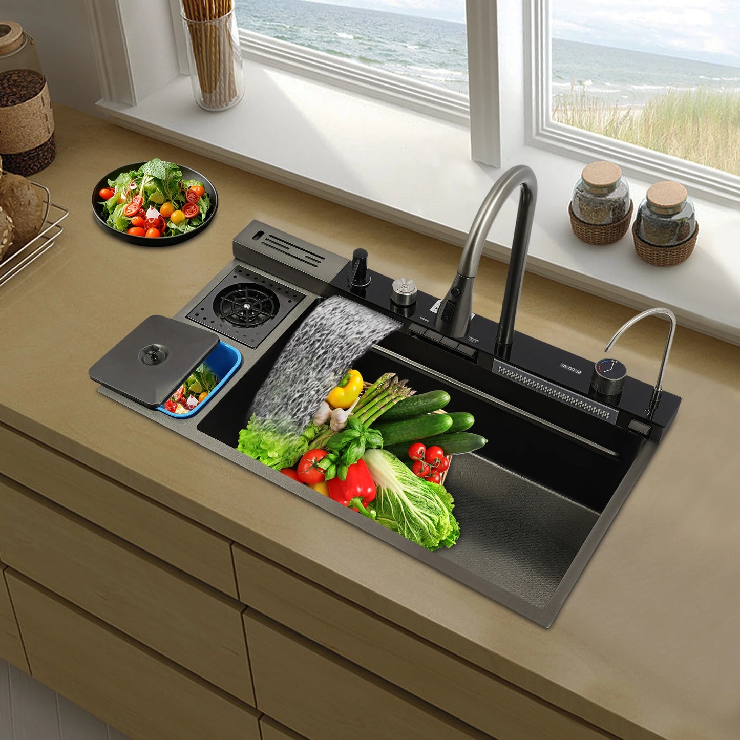 304 Stainless Steel Kitchen Sink Set With Digital Display Faucet