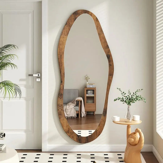 Wood Framed Asymmetrical Vintage Wall Mirror For Living Room