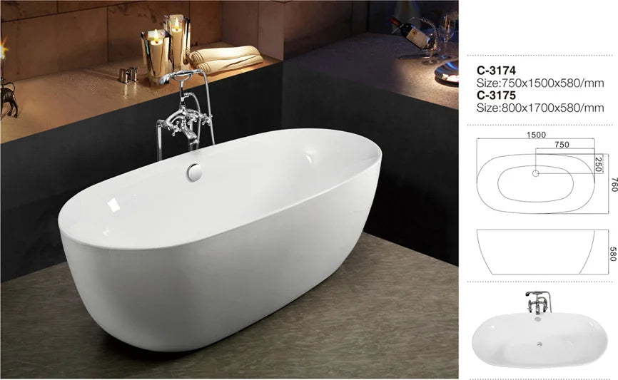 European Design Glossy White Acrylic Solid Surface Freestanding Soaking Bathtub for Hotel