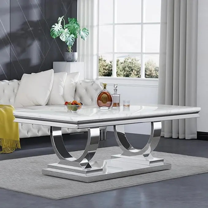 Modern Faux Marble Coffee Table With Silver Mirrored Finish
