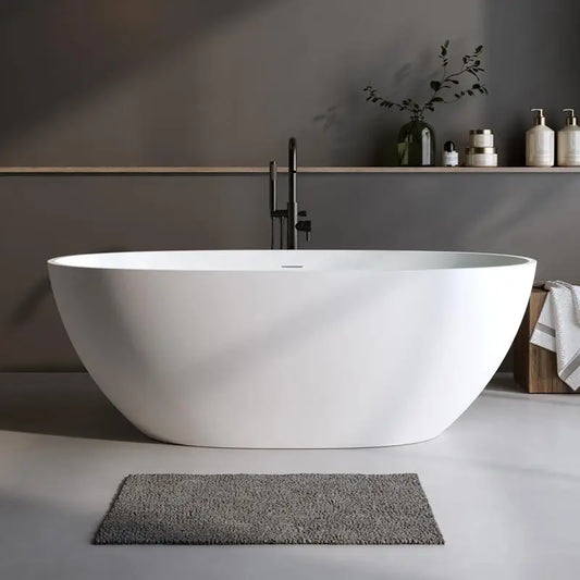 59" Solid Surface Matte Soaking Tub, Stone Resin Freestanding Bathtub, Thick Edge Standalone Tub with Overflow & Pop-up Drain,