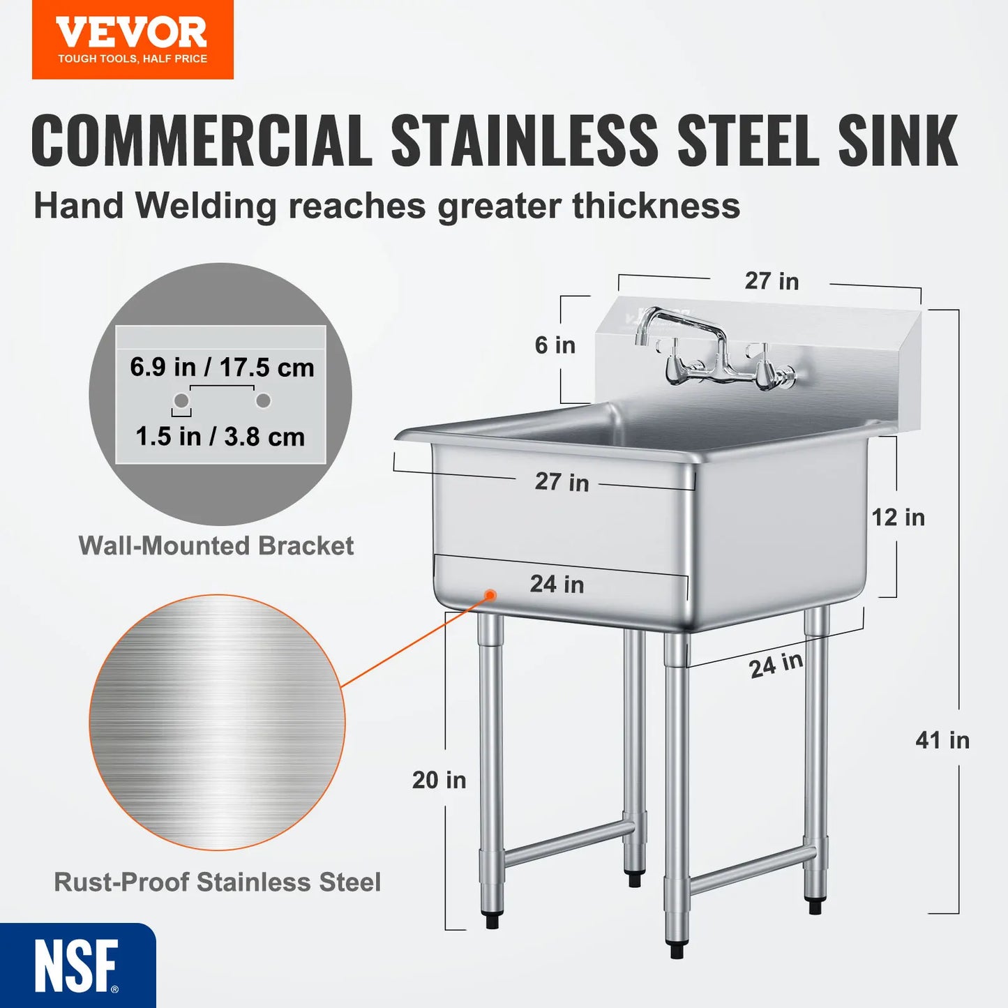 SucceBuy Stainless Steel Kitchen Prep And Utility Sink Single Bowl