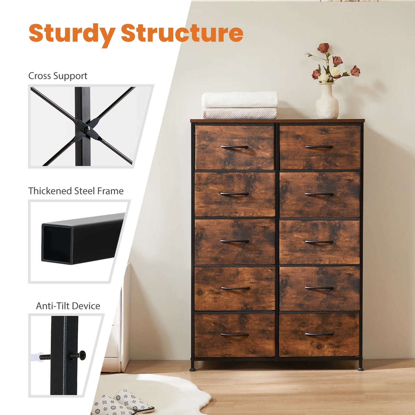 JHK Bedside Table With Fabric Drawers Wardrobe Steel Frame Storage