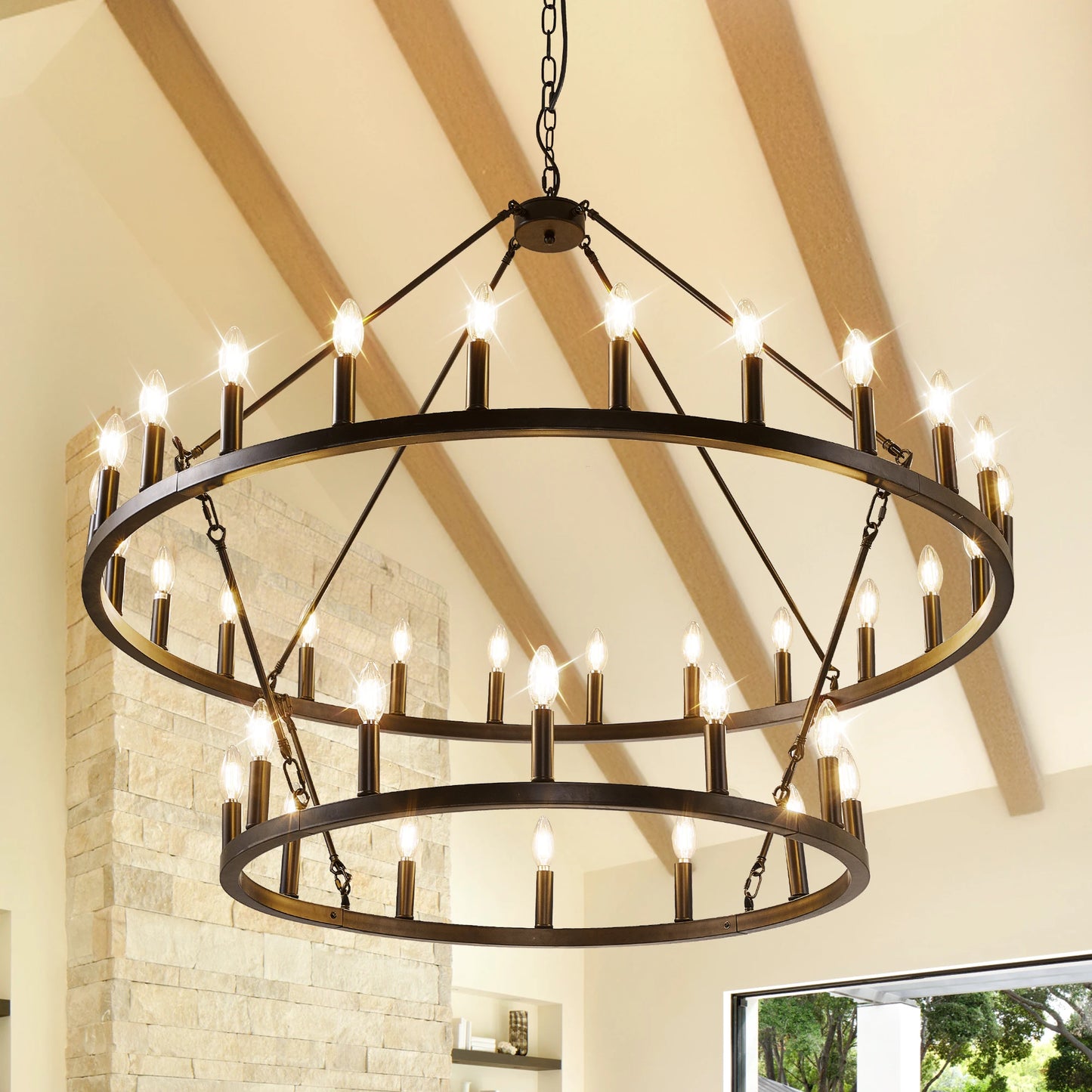 Farmhouse Wagon Wheel Chandelier 2 Tier 36 Light Pendant