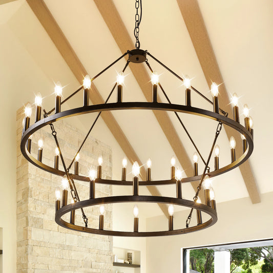 Farmhouse Wagon Wheel Chandelier 2 Tier 36 Light Pendant